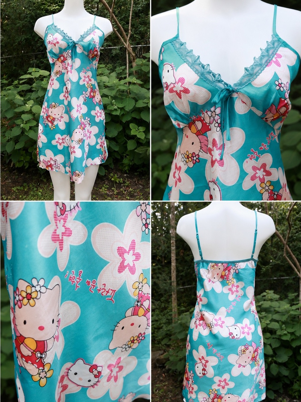 Hello Kitty Teal Floral Satin Chemise with Pink & White Accents